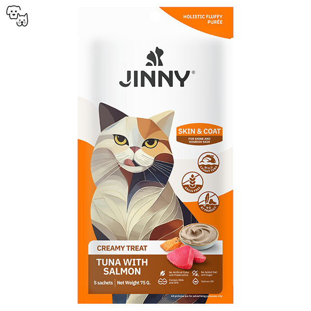 Jinny Creamy Cat Treat – Tuna with Salmon – Skin & Coat 15g (5 sachets)