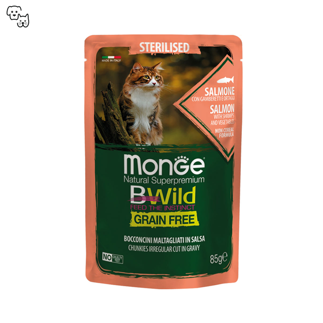Monge Bwild Sterilized Wet Cat Food Grain Free Salmon with Shrimps & Vegetables 85g