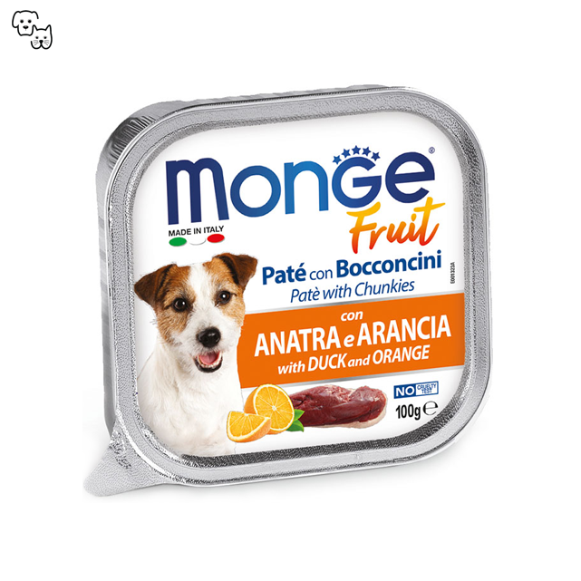Monge Fruit Wet Dog Food – Pate and Chunkies with Duck and Orange 100g