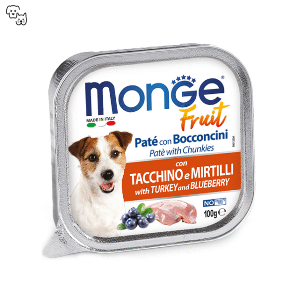 Monge Fruit Wet Dog Food – Pate and Chunkies with Turkey and Blueberry 100g